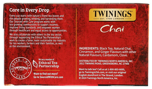50 Count Twinings Chai Black Tea Individually Wrapped Bags, Sweet, Savoury Spices, Caffeinated, Enjoy Hot or Iced