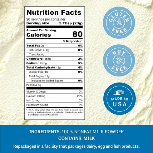 80 Oz Pack 1 Judee's Gluten Free Nonfat Dry Milk Powder - High Protein & Calcium Powdered Milk - Keto-Friendly Baking