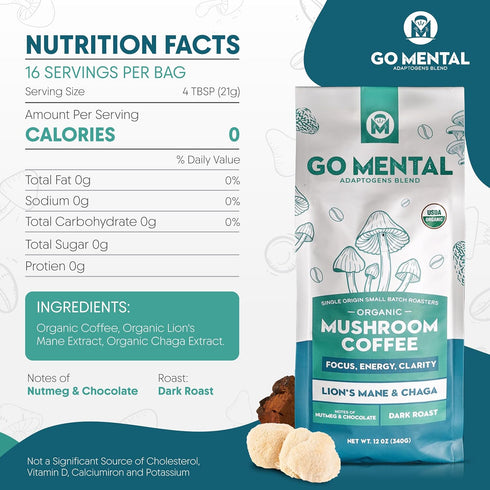 Immune Wellbeing 1 12oz Organic Lion's Mane & Chaga Mushroom Coffee Ground Dark Roast, Full Fruiting Bodies