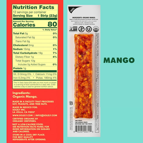 5 0.8oz (23g) Solely - Organic Mango Fruit Jerky - Individually Wrapped Fruit Strips - Fruit Leather Made from Dried