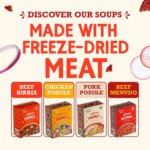 POZOLAZO Pozole Pozole 2-Serving | Instant Soup | Mexican Pork | Real Freeze-Dried Meat | Box | Authentic Hominy