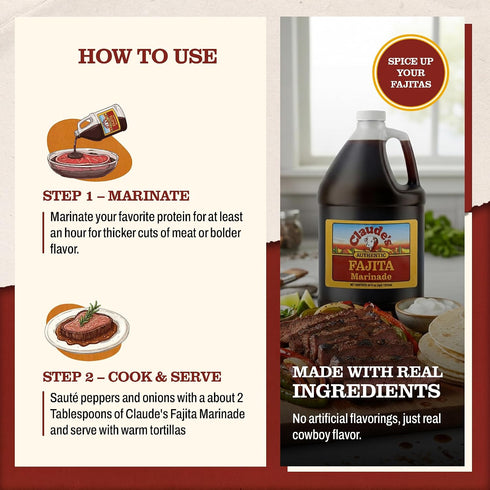 (Pack 4, 64oz) Claude's Authentic Fajita Marinade of - Real Hickory Smoke, Red Chili Fajitas Sauce for Steak, Chicken