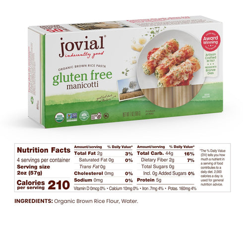 7 Oz, 6 Pack Jovial Whole Grain Brown Rice Manicotti Pasta - Pasta Manicotti, Manicotti Pasta, Whole Grain Pasta