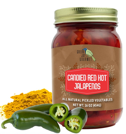 Green Jay Gourmet Pickled Candied Red Jalapeños - Fresh Hand Jarred Vegetables, 16 Ounces, Simple Natural Ingredients