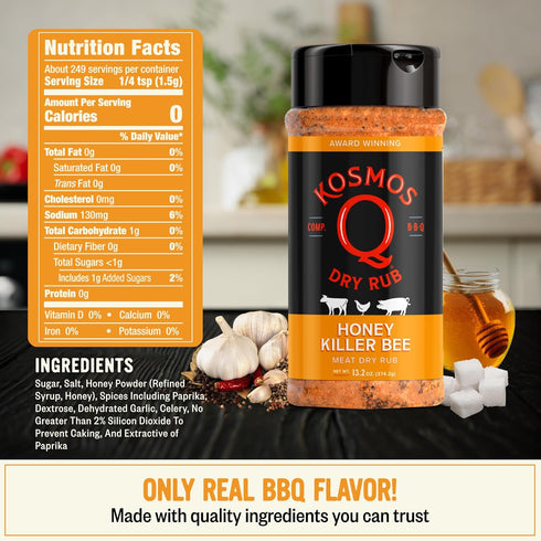 13.2 Oz Kosmos Q Honey Killer Bee BBQ Dry Rub, Sweet Seasoning with Brown Sugar, Honey, Garlic & Paprika for Chicken