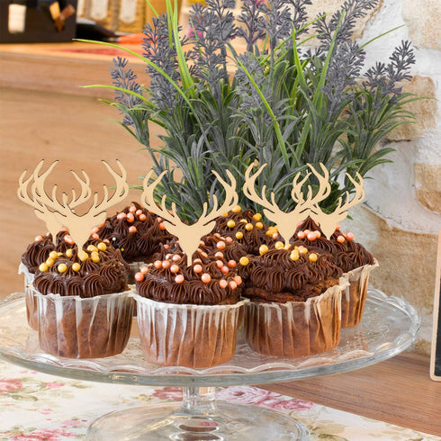 Wooden Deer Cupcake Toppers, Antler Cake Picks, Rustic Country Party Decoration Supplies, 24 Counts