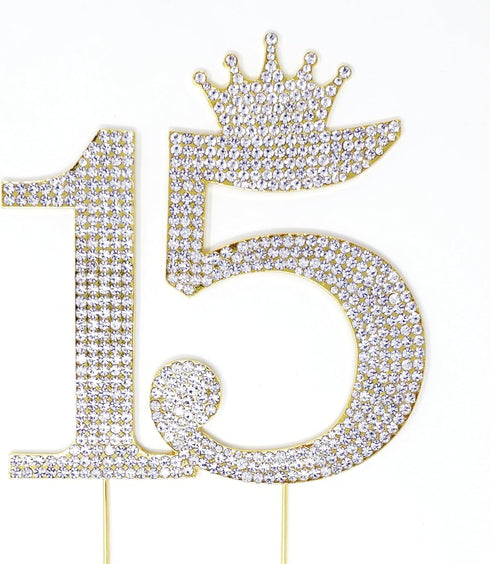 Number 15 Quinceanera Rhinestone Princess Crown Monogram Cake Topper, Sweet 15th Birthday Party (Gold)