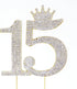 Number 15 Quinceanera Rhinestone Princess Crown Monogram Cake Topper, Sweet 15th Birthday Party (Gold)