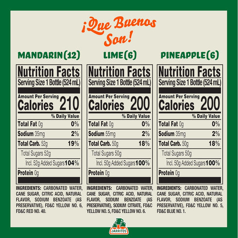 3-Flavor Pack (17.7 oz, 24 12 6 6 Jarritos - Mexican Soda, Variety Bottles) - Mandarin, Lime, & Pineapple - Real Cane
