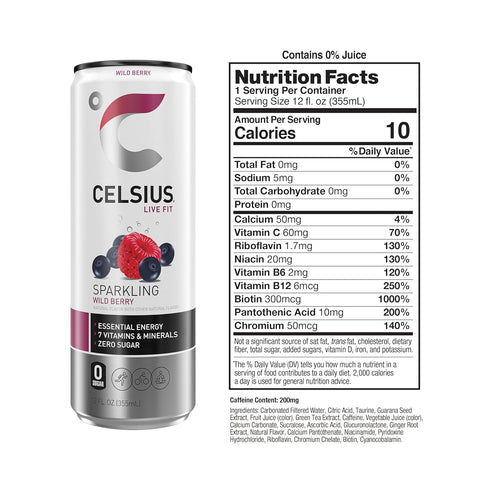 12 Oz (Pack 12) CELSIUS Sparkling Wild Berry, Sugar Free Energy Drink, Fl