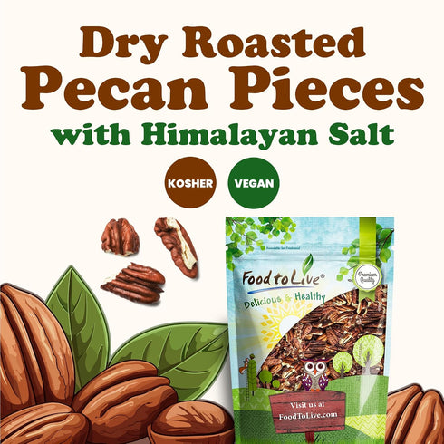 8 Food to Live Dry Roasted Pecan Pieces with Himalayan Salt, Ounces Oven Roasted, Lightly Salted, No Oil Added, Perfect