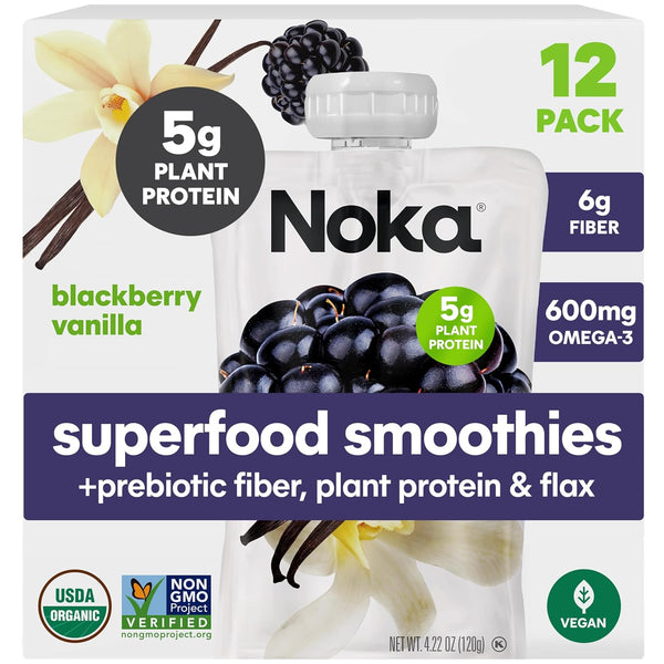 Noka Superfood Fruit Smoothie Pouches, Blackberry Vanilla, Healthy Snacks with Flax Seed,