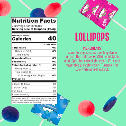 SmartSweets Lollipops - 3oz, Blue Raspberry & Watermelon Flavors, Low Sugar Hard Candy