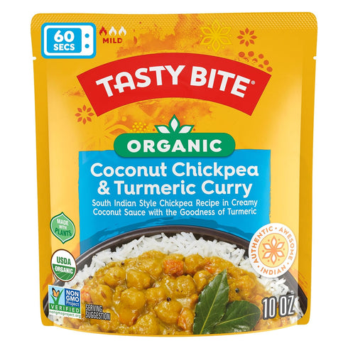 10 (Pack 6) Tasty Bite Organic Chickpea Coconut and Turmeric Curry, Ready to Eat, Microwavable Entre, Vegan, Ounce