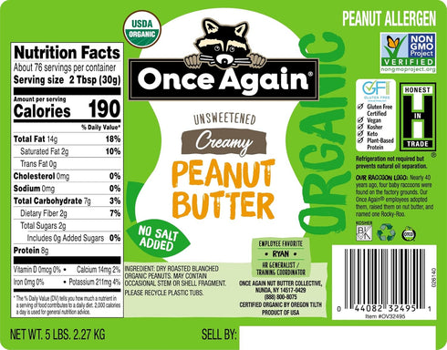 5lb 5 Once Again Organic Creamy Peanut Butter, Pantry Pal (same as jars) - Salt Free, Unsweetened - USDA Organic