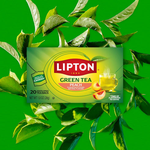 20 Lipton Peach Green Tea Bags, Flavored, Unsweetened Teabags for Hot Tea or Peach Iced Tea with Caffeine