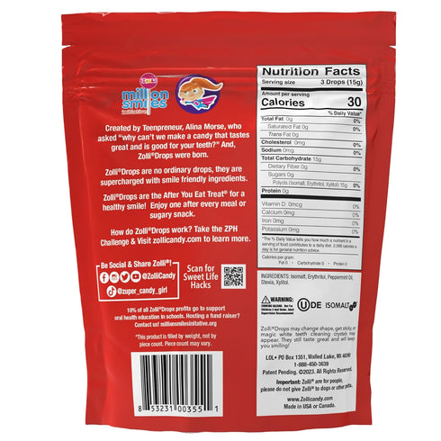 Zollipops Drops Peppermint Vegan 3oz - Dental-Friendly Treats with Xylitol for Fresh Breath