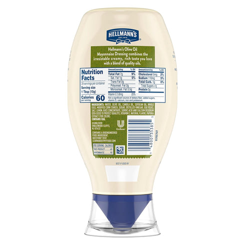 Omega-3 20 oz (Pack 2) Hellmann's Mayonnaise Dressing with Olive Oil Squeeze Bottle Condiment for Simple Meals