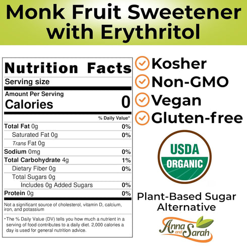 2 Lbs 32 Anna and Sarah Organic Monk Fruit Sweetener with Erythritol, Plant-Based Sugar Alternative, Kosher, NON GMO