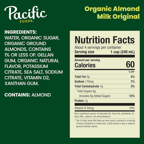 32 oz (Pack 5) Pacific Foods Original Organic Almond Milk, Plant Based Milk, Carton