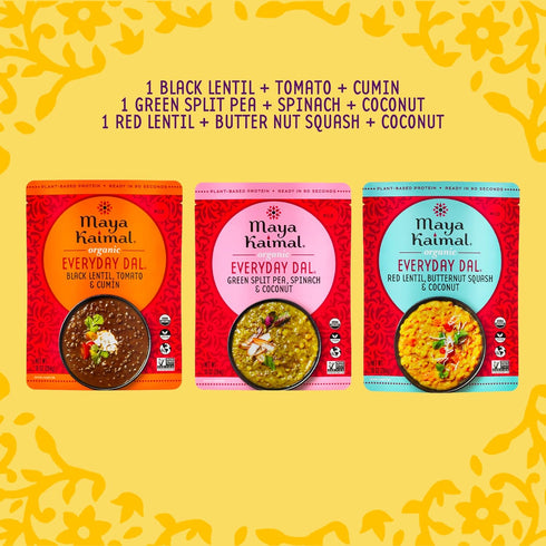 Pack 10oz Pack 3 Maya Kaimal Foods - Organic Indian Everyday Dal - Variety - Red Lentil, Black Lentil, Green Split Pea