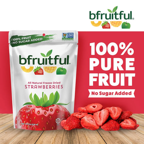 0.56 oz Packets, 12 Pack bfruitful Freeze-Dried Strawberries, Freeze Dried Fresh Fruit Bites, Gluten Free, Vegan, Dairy