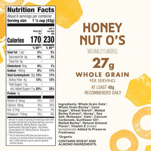 9.5 oz Cascadian Farm Organic Honey Nut O's Cereal, Made with Whole Grain