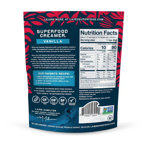 Laird Superfood Non-Dairy Original Superfood Vanilla Coconut Powder Coffee Creamer - Gluten Free, 8 oz. Bag