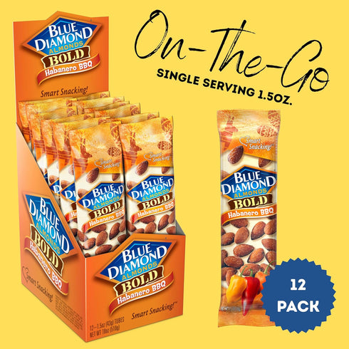 1.5 12 Pack Blue Diamond Almonds, BOLD Flavored Habanero BBQ On-The-Go Snack Nuts Perfect for Road Trips, Lunches, Kids