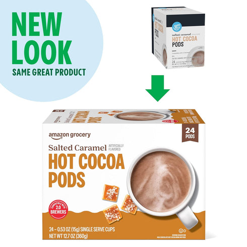 2.0 24 Count Amazon Brand - Happy Belly Hot Cocoa Pods Compatible with K-Cup Brewers, Salted Caramel Flavored
