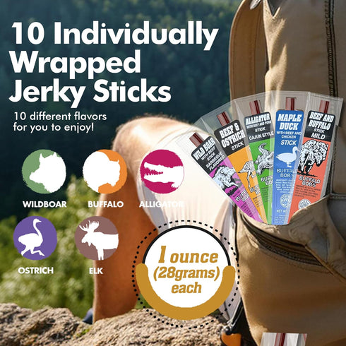(10-Pack) Pack Jerky-n-Spice Wild Game Exotic Meat Sticks | Ultimate Beef Jerky | Savory Snacks Variety for Adults |