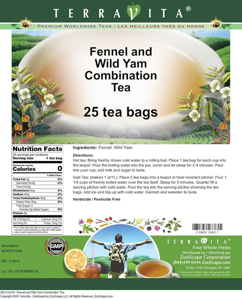 Terravita (25 513416) 3 Pack Fennel and Wild Yam Combination Tea tea bags, ZIN: