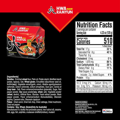 4.23 (Pack 20) Paldo Hwa Ramyun - with Soy Peptide, Hot & Spicy Noodles, Ounce
