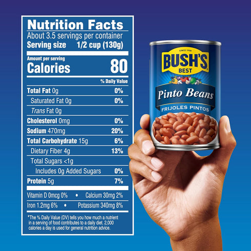 16 oz (Pack 12) BUSH'S BEST Canned Pinto Beans, Source of Plant Based Protein and Fiber, Low Fat, Gluten Free, Great