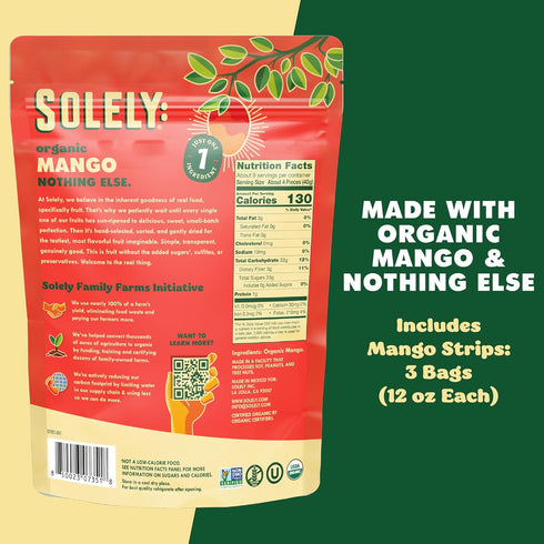 (12 oz Pack 3) 1 3 (36 oz) SOLELY - Organic Dried Mango Strips Resealable Bags, of - Real Fresh Fruit - Ingredient