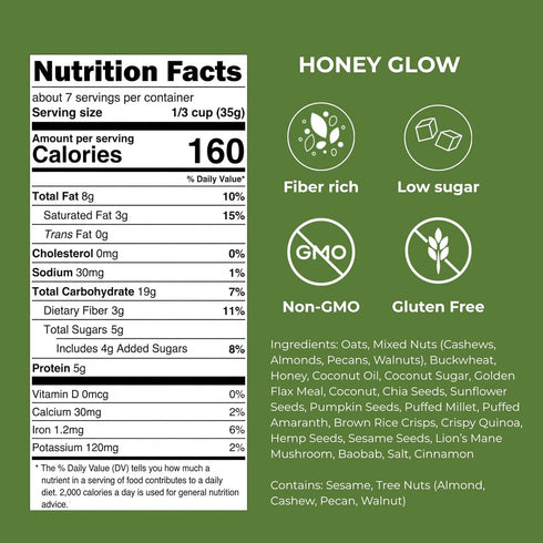 gutBFF 5g 9 oz Low Sugar Granola Gluten Free Healthy Granola with Lions Mane Mushroom & Baobab Superfruit for Gut