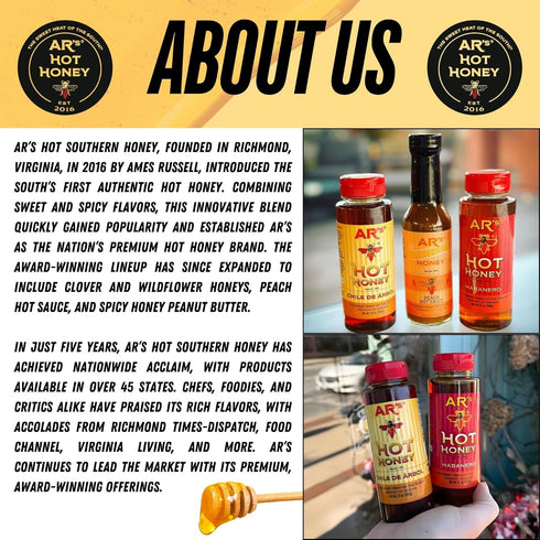 100% 12 oz ARs Hot Southern Honey, Chile De Arbol (Mild), REAL HONEY + REAL PEPPERS, Blend of Sweet Clover