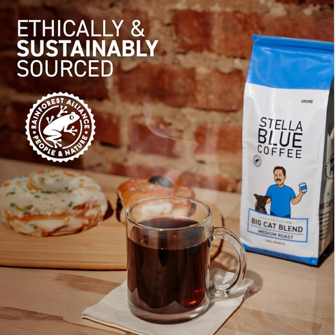 100% 12 oz Stella Blue Ground Coffee, Big Cat Blend, Medium Roast, Fresh Coffee Ground Arabica, Smooth Balanced Roast
