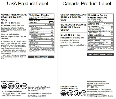 1 100% Food to Live Gluten Free Organic Regular Rolled Oats, Pound Non-GMO, Old-Fashioned, Whole Grain, Vegan, Bulk.