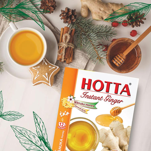 B1, B2 B6, 12 HOTTA Instant Ginger Drink with Manuka Honey, Naturally Sweet, Caffeine-Free Herbal Tea, High in Vitamin
