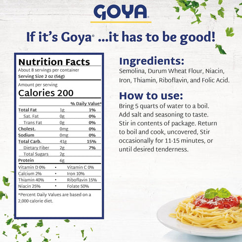 Pack 2 (16 oz Goya Spaghetti Pasta, of Bags) Enriched Durum Wheat Noodles for Classic Italian Dishes, Latin-Inspired
