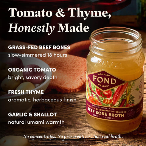 Slow-Simmered 14 oz (4-Pack) FOND Regenerative Grass Fed Beef Bone Broth Infused with Organic Tomato & Thyme Beef Broth