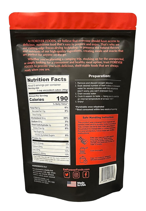 Pack 2 lbs. FOREVER FOODS Uncooked Freeze-Dried Beef Stew Cubes | Family | Equivalent