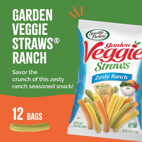 4.25 12-Pack Sensible Portions Veggie Straws, Zesty Ranch Flavor, Gluten-Free Chips, Ounce Bag