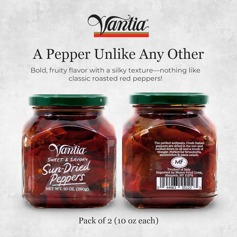 2 10 oz Vantia Sweet & Savory Sun-Dried Peppers x Imported Italian Peppers in Olive Oil with Bold Fruity Flavor