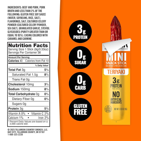 Country 0.33 oz, 48 Tillamook Smoker Zero Sugar Teriyaki Mini Smoked Sausages, Ct, Individually Wrapped Beef Sticks