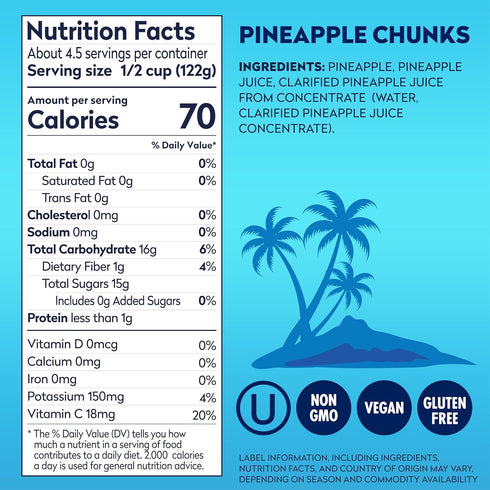 100% 20 oz 12 Pack Dole Pineapple Chunks in Pineapple Juice with No Sugar Added - Dole Canned Fruit - Cans