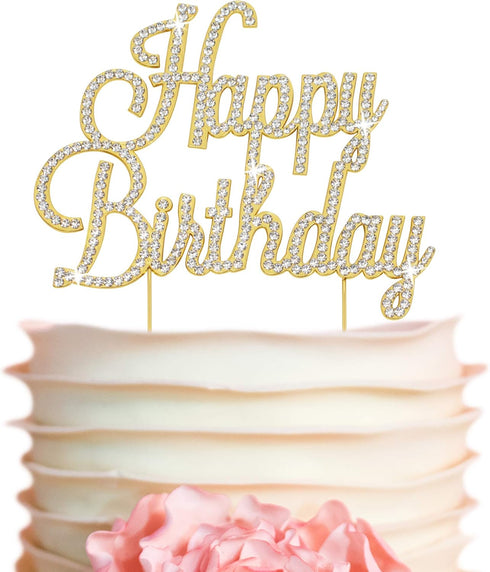 Happy Birthday Cake Topper - Premium Gold Metal, Sparkly Rhinestone Decoration Makes a Great Centerpiece