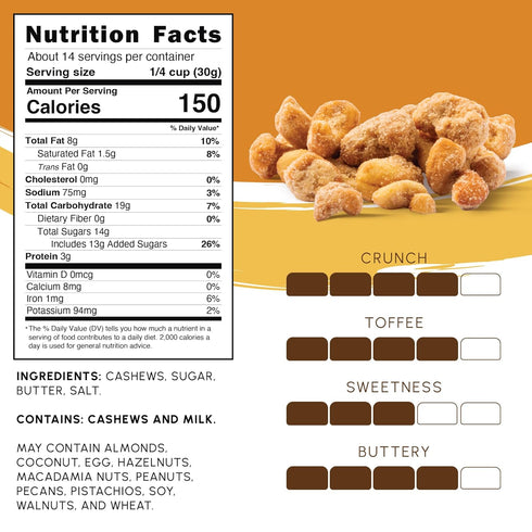 15 oz Snackathon Butter Toffee Cashews, Resealable Bag, Made in USA, All-Natural Fresh Roasted Nuts Coated in a Crunchy