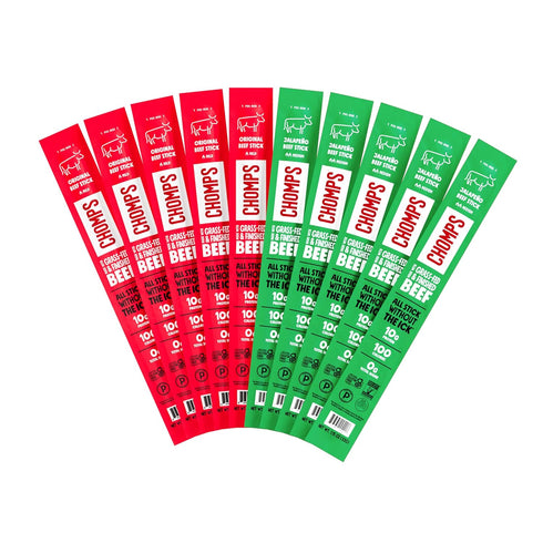 Pack, 10 (5) (5) CHOMPS Grass Fed Beef Jerky Sticks, Variety Sticks: Original Beef, Jalapeno Beef